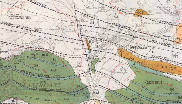 Historic geological mining plan used for coal mining risk assessment, Llantrisant