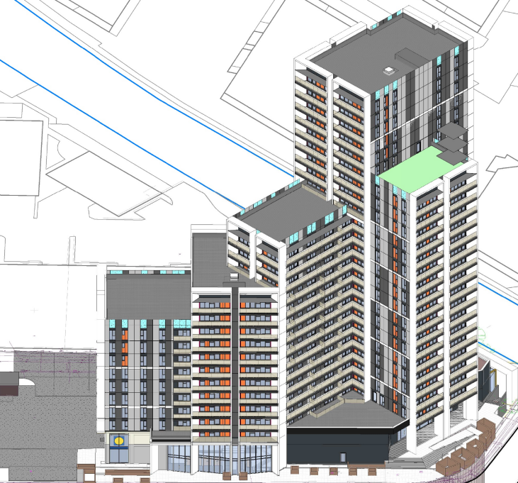 3D massing model of the Wembley 25-storey mixed-use development